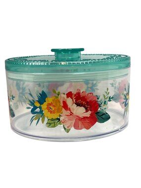 Floral Clear Storage Jar With Embossed Teal Lid And Colorful Flower Design